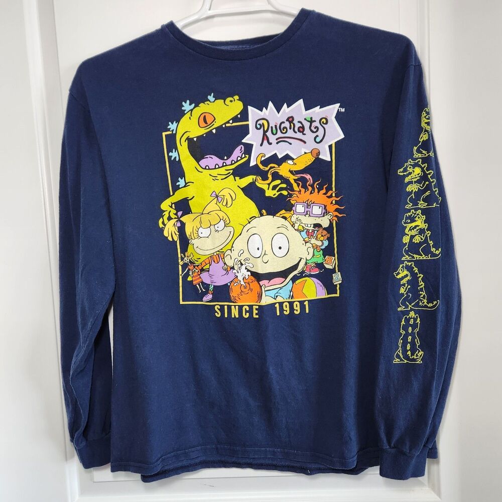 Rugrats Nickelodeon Shirt Mens L Large Blue Long Sleeve Graphic Tommy Chuckie